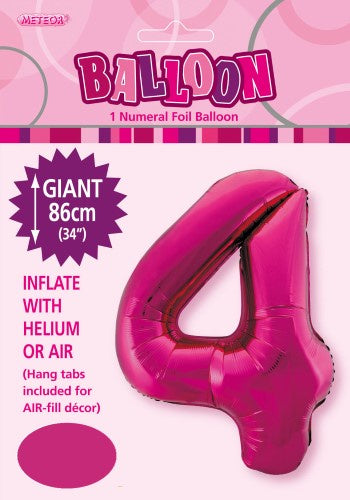 Hot Pink "4" Numeral Foil Balloon 86cm (34"